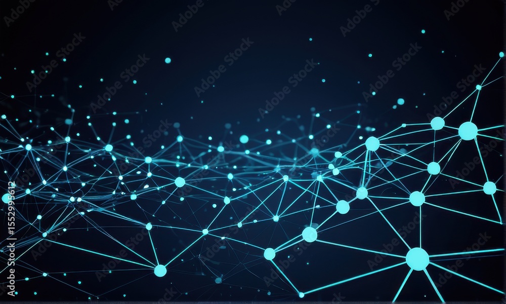 Poster abstract teal digital network background with glowing nodes and lines