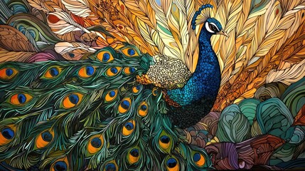 Detailed artistic depiction of a magnificent peacock.