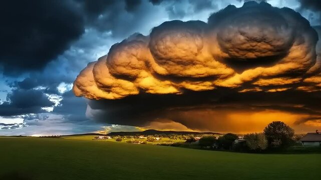 Majestic Sunset with a Massive Arcus Cloud Over Rural Landscape