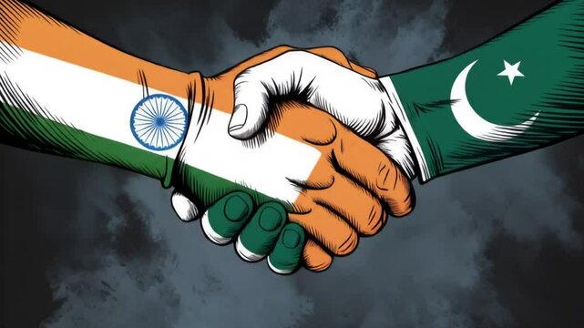 Handshake between india and pakistan flags depicting peace and cooperation deal