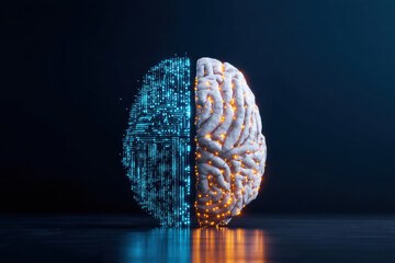 A digital and organic brain split in half, symbolizing the fusion of technology and human intelligence with glowing neural connections.