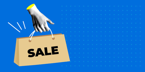 Halftone hand holding paper shopping bag with Sale inscription. Sale banner. Advertising banner with copy space. Modern collage