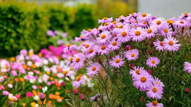 Close-up cluster of blooming New England aster flowers with purple petals and yellow centers in an outdoor garden setting on bright day.