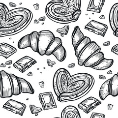 Seamless vector pattern. Fresh pastries and sweets, buns, croissants, chocolate slices. All objects are hand-drawn in vector. For printing on packaging, paper, towels.