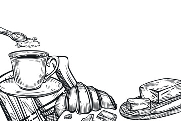 Breakfast, a cup of coffee, a tablecloth, a fresh croissant, butter, a teaspoon with sugar. All objects are hand-drawn in vector, suitable for printing on fabric, for menu decoration, coffee interior.