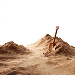 A shovel stuck in a pile of sand, suggestive of excavation and discovery