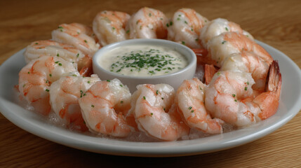 A large platter of steamed shrimp with souse.