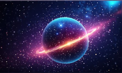 Luminous Teal Planet with Ring in Vibrant Cosmic Scene