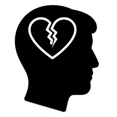 Flat black vector icon of human head and brain silhouette with broken heart inside, symbolizing emotional burnout, stress, and outline design PNG