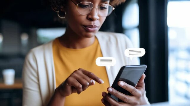 Woman engages with smartphone, enjoying conversation in cozy urban cafe during afternoon hours