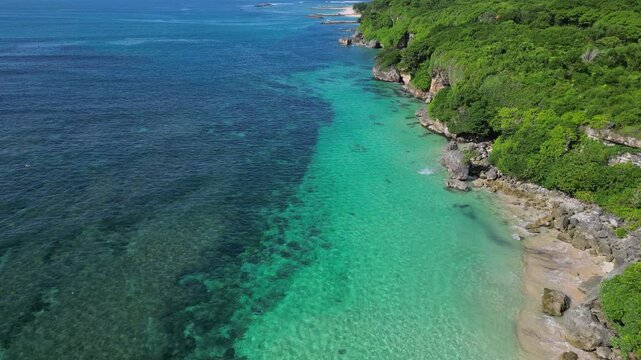 Aerial view of Bali island coastline with rocks and green trees.Nusa Dua.Indonesia