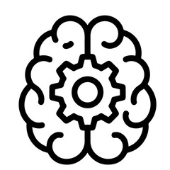 Flat black vector icon of human head and brain silhouette with gear inside, symbolizing critical thinking, problem solving, and outline design PNG