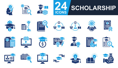 Scholarship Icons set vector illustration. Containing creative thinking, experience, innovative, dedication, endowment and more. Simple solid icons collection.