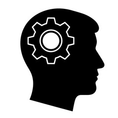 Flat black vector icon of human head and brain silhouette with gear inside, symbolizing critical thinking, problem solving, and outline design PNG