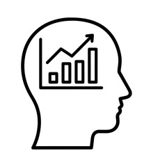 Flat black vector icon of human head silhouette with rising bar graph inside, symbolizing growth, productivity, success, and outline design PNG
