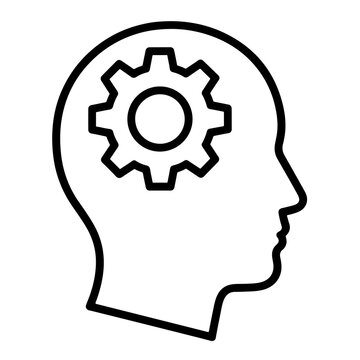 Flat black vector icon of human head and brain silhouette with gear inside, symbolizing critical thinking, problem solving, and outline design PNG