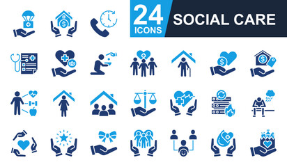 Social Care Icons set vector illustration. Containing disaster relief, housing assistance, helpline, public health, wellness program and more. Simple solid icons collection.