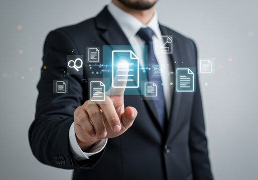 Businessman interacting with digital document icons, representing data management