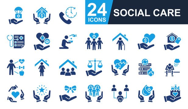Social Care Icons set vector illustration. Containing disaster relief, housing assistance, helpline, public health, wellness program and more. Simple solid icons collection.