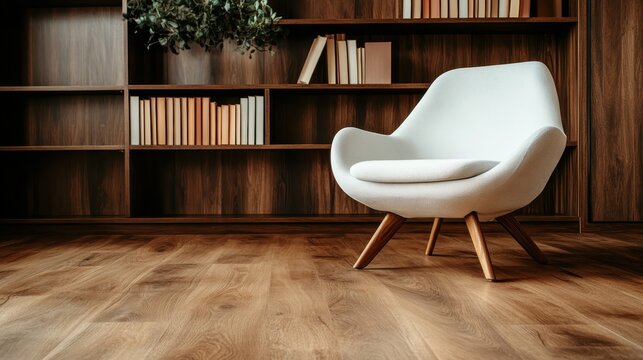 A sophisticated white chair stands alone in a stylish wooden room filled with bookshelves, representing minimalism and comfort in contemporary interior design.