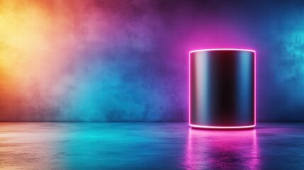 A sleek black cylinder illuminated by vibrant neon lights against a textured colorful background, creating a modern and dynamic visual experience that feels energetic.