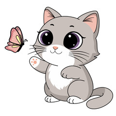 A cat is playing with a butterfly. Kitten and butterfly.