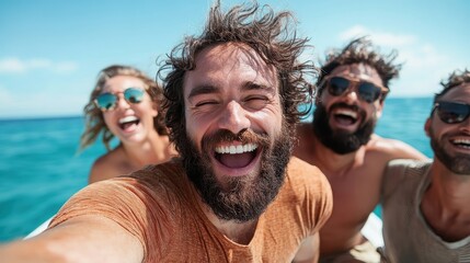 Fototapeta premium Four friends enjoy a fun moment on a boat with bright blue waters and sunshine, capturing the essence of friendship and joy in a scenic outdoor setting.