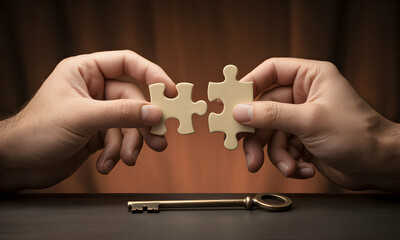 Unlocking Solutions Two Hands Connecting Jigsaw Puzzle Pieces, Symbolizing Collaboration and Problem-Solving