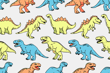 Dinosaur seamless pattern. Hand drawn vector dinosaurs with background view. Pattern with Tyrannosaurus Rex, Stegosaurus, Brachiosaurus, Triceratops, and Pterodactyl cartoons
