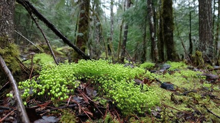 Early spring forest floor with tiny green sprouts breaking through moist ground