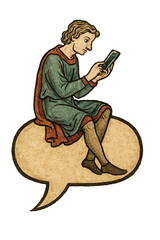 A man sits on a speech bubble, using his phone, symbolizing digital communication. Medieval manuscript style, conceptual image. Isolated on transparent background.