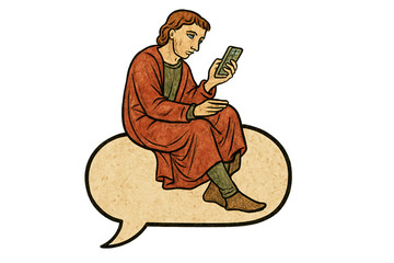 A man sits on a speech bubble, using his phone, symbolizing digital communication. Medieval manuscript style, conceptual image. Isolated on transparent background.