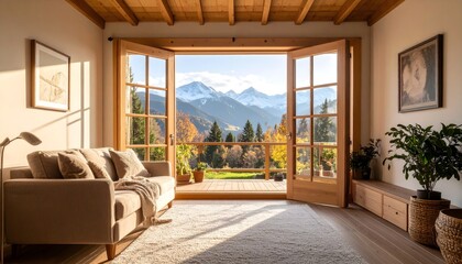 Fototapeta premium Serene cozy room with soft light entering through open window, mountain view in the background