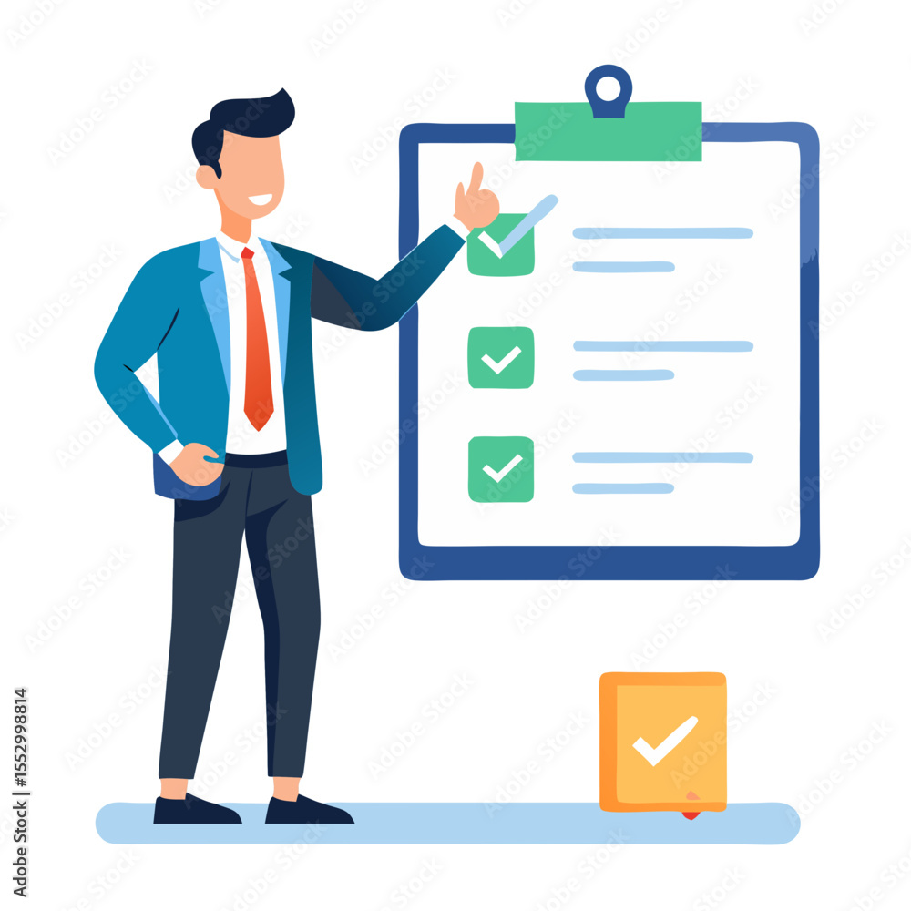 Fototapete Checklist concept online survey form completion corporate Businessman checking mark in checklist on virtual screen modern flat design simple vector illustration isolated transparent background