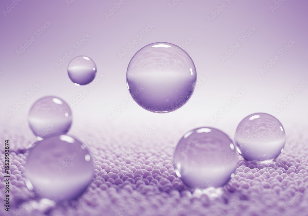 Poster several translucent purple bubbles hover over a textured surface of small spheres