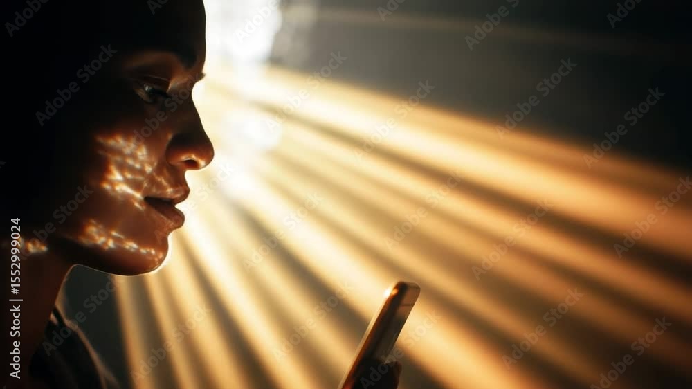 Aufkleber engaging with technology in a dimly lit room, light rays creating a captivating visual effect