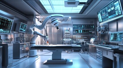 Futuristic Surgical Suite with Robotic Arm and High-Tech Medical Displays