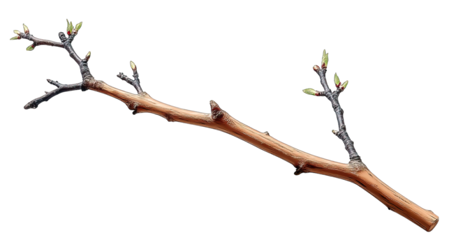 Bare brown twig with small green buds emerging against a black backdrop