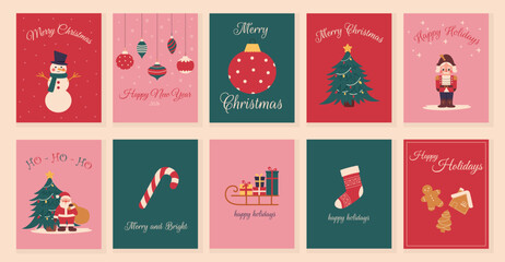 Set of Merry Christmas and Happy New Year cards with Christmas elements and typography. Flyers with Santa Claus,deer,gifts,nutcracker,snowman, tree, ornaments. Vector illustration cartoon flat style