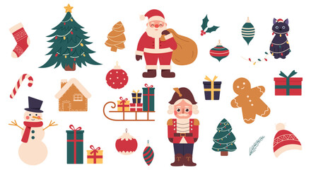 Christmas and Happy New Year items collection. Santa Claus, Christmas tree, snowman,presents,gifts,deer,hat,cat,stockings,ornaments,nutcracker icon set. Colored vector illustration cartoon flat style