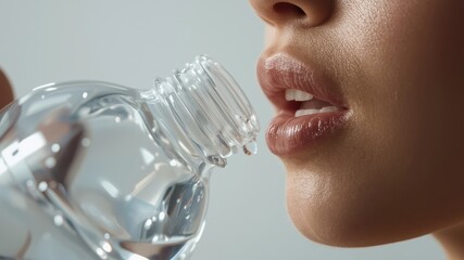 A close-up of a person drinking water from a bottle, highlighting the lips and droplets, conveying hydration and refreshment.