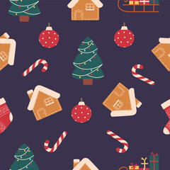 Seamless vector Christmas pattern with tree,socks,ornaments,present,candy cane. Christmas background for print,fabric,textile,wrapping paper,wallpapers,festive decorations.