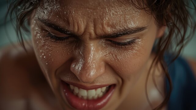 A close-up of a woman showing intense emotion, her face glistening with sweat, expressing pain or struggle.