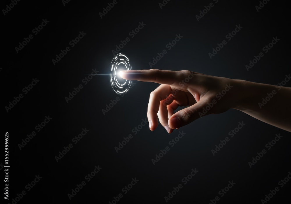 Poster a finger touches a glowing circular interface on a dark background
