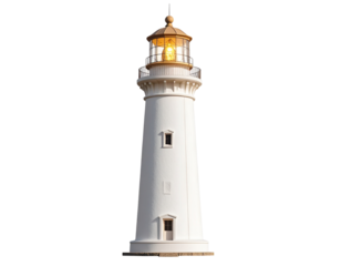 Minimalist Modern White Lighthouse with Warm Light Beam Side Angle View isolated on transparent background PNG