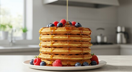 Golden Syrup Drizzles Down a Stack of Buttery Waffles Topped with Fresh Berries