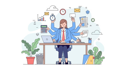 Adobe illustrator artwork vector illustration of a businesswoman multitasking. A concept of corporate efficiency, productivity, workload management, and professional skill in a flat modern style