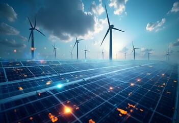 Golden hour over wind farm with solar panels, overlaid with stock ticker data, glowing lines and numerical figures for market visualization