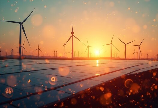 Golden hour over wind farm with solar panels, overlaid with stock ticker data, glowing lines and numerical figures for market visualization