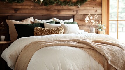 A beautifully styled bedroom featuring an inviting bed layered with soft pillows and cozy blankets, perfect for relaxation and showcasing natural wood elements in the decor.
